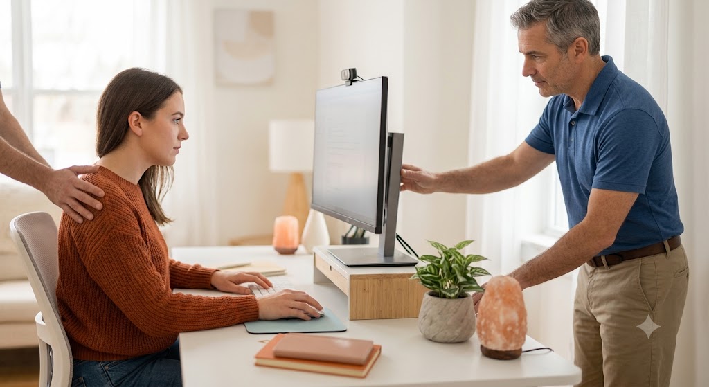 Person managing posture and back discomfort at a desk