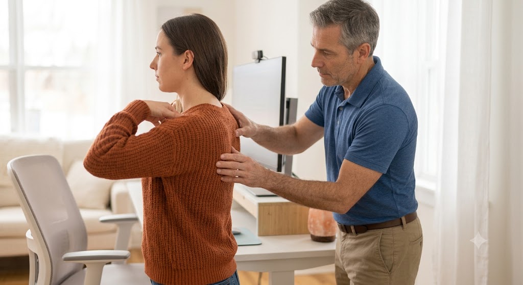 Back posture support and desk ergonomics illustration