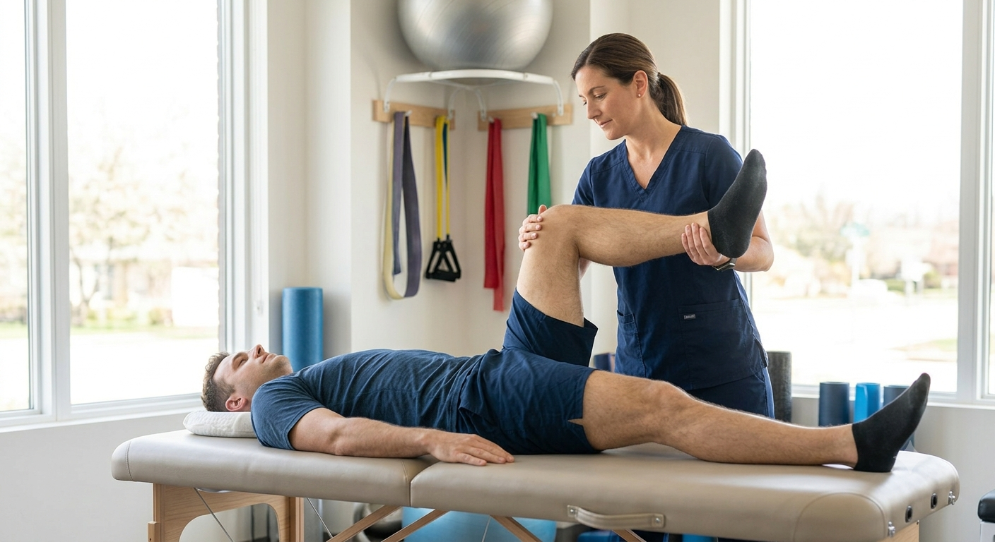 Real patient lower back treatment with sciatica pain pathway highlight